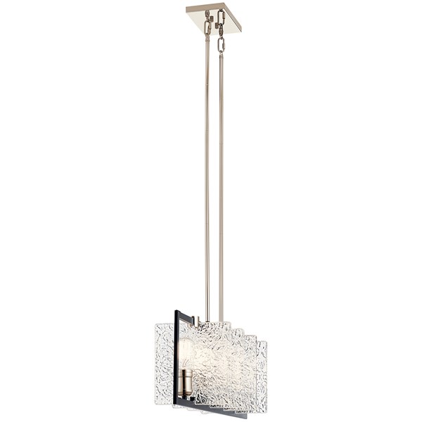 Chandelier lineal Forge de 5 luces, con 5 placas de vidrio texturizado con patrones únicos y un marco negro con detalles en níquel pulido