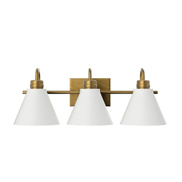 Lámpara de tocador Rosburg - de 23", 3 luces, pantalla blanca. Latón Natural