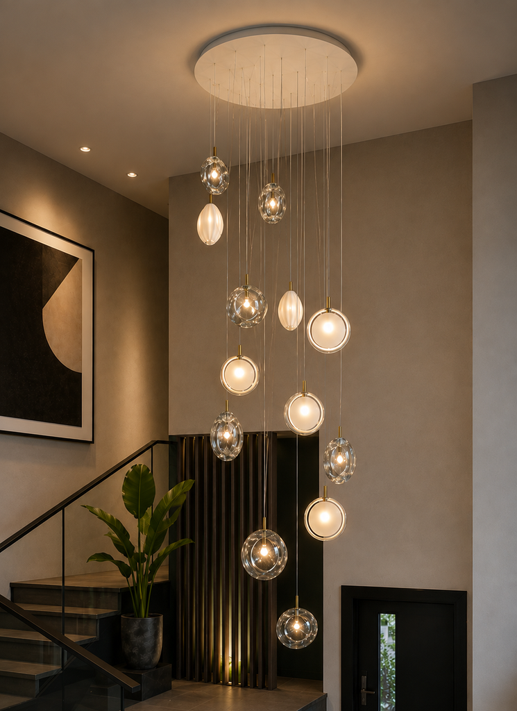 Chandelier Lens 12 piezas, incluye canopy redondo con 12 colgantes de vidrio soplado clear.