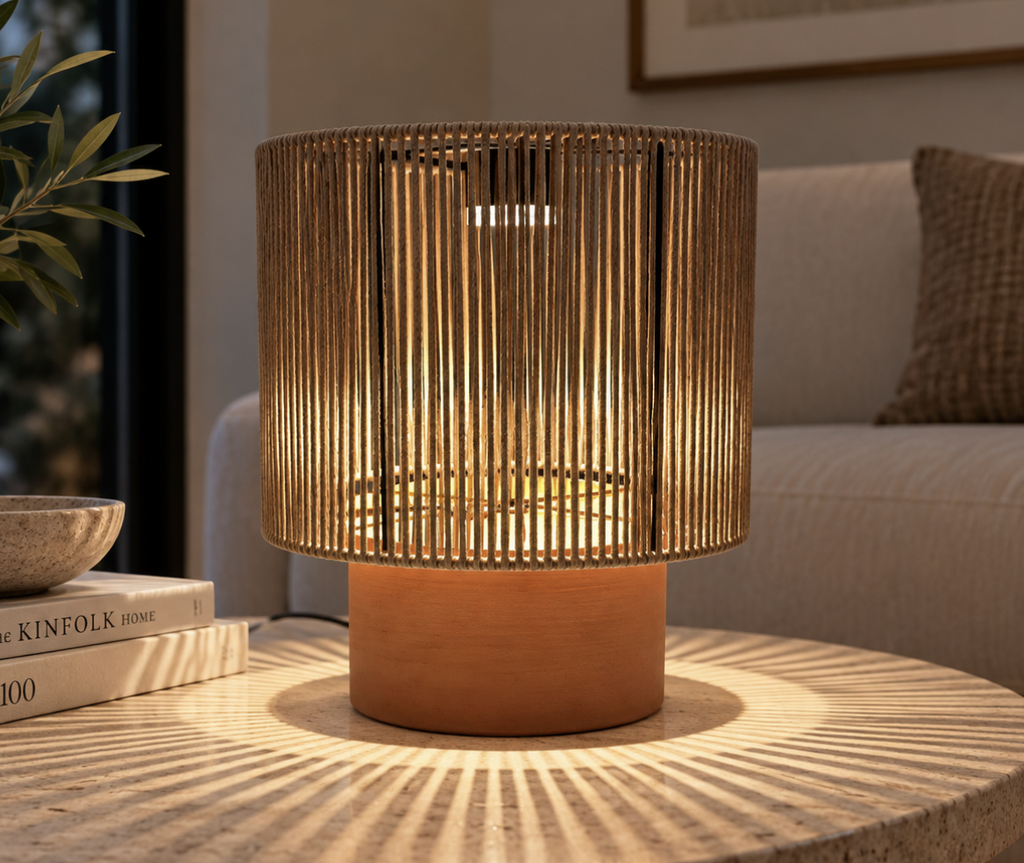 Lampara de mesa  encordada Pantalla diámetro 40H 30cm Base de terracota Diametro 30H 15 cm. Sistema led para exterior  USA