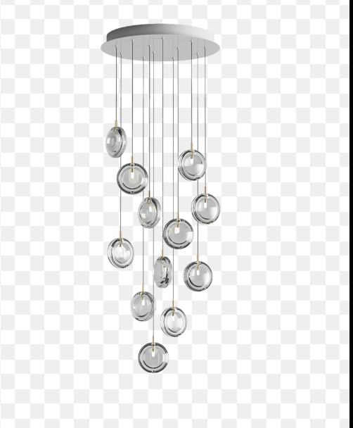 Chandelier Lens 12 piezas, incluye canopy redondo con 12 colgantes de vidrio soplado clear.