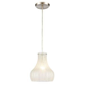 Lampara colgante coastal Scallop 8de forma curvilínea con pantalla con una textura sugar scavo, acabados en níquel satinado.