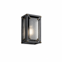 Steel wall sconce for 1 x E27 bulb, featuring a metal frame that holds a safety-glass panel and exposed screws that enhance its industrial style. Distressed Black finish.