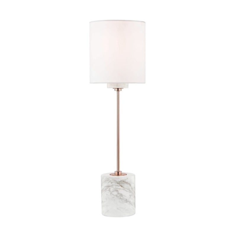 Decorative 1-light table lamp featuring a metal structure in a Polished Copper finish with an elegant marble base.