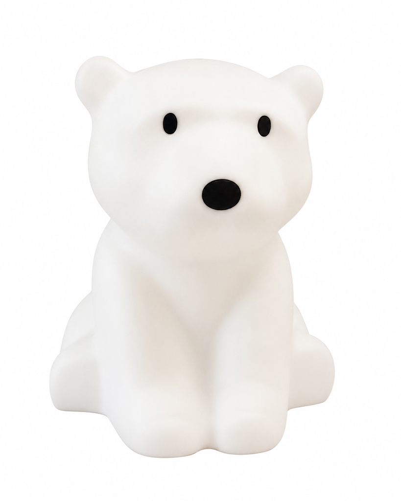 Polar bear-shaped lamp, NANUK XL, made of hard polyethylene, includes a kit containing an adapter + power cable with touch dimming button, 6 brightness settings, 2700K LED. White.