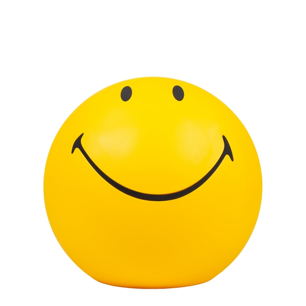 Smiley-shaped lamp, SMILEY XL, made of hard polyethylene, includes a kit containing an adapter + power cable with touch dimming button, 6 brightness settings, 2700K LED. 