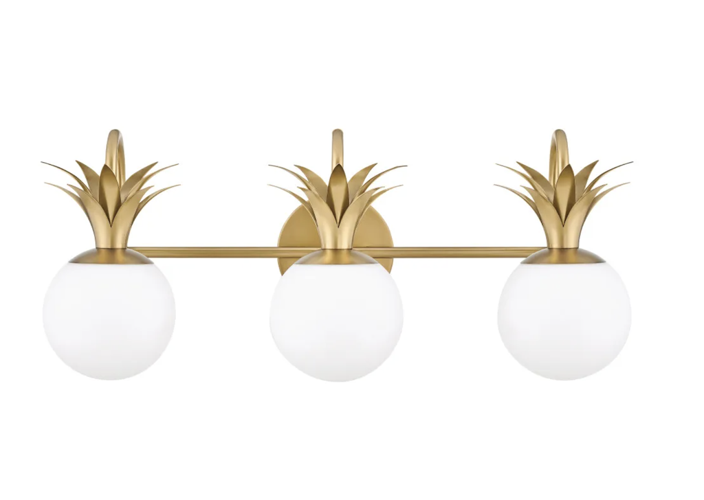 Three-light wall sconce / vanity, 24" x 10.5" x 8", for 3 x G9 LED bulbs from 3W to 5W, 120V. Steel construction in Heritage Brass finish with Etched Opal glass shades, mountable upward or downward.