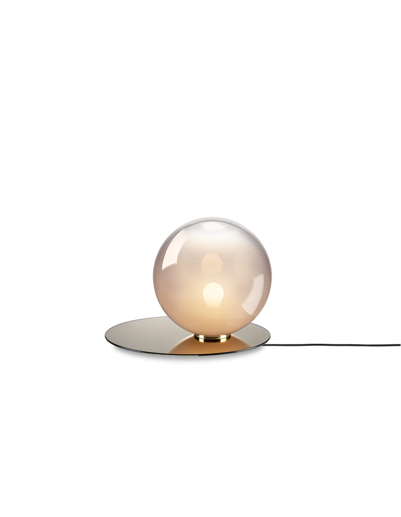 BOMMA Umbra table lamp featuring a spherical mouth-blown crystal diffuser in pink and a reflective shade