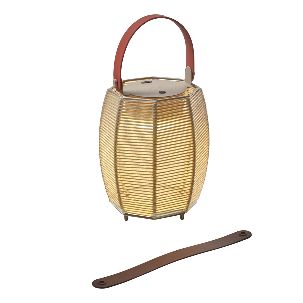 Portable decorative table lamp, 11.4" height x 6.1" diameter, 1.5W LED, 87LM, 2700K, CRI 80, beige shade with terracotta and chocolate brown handles.