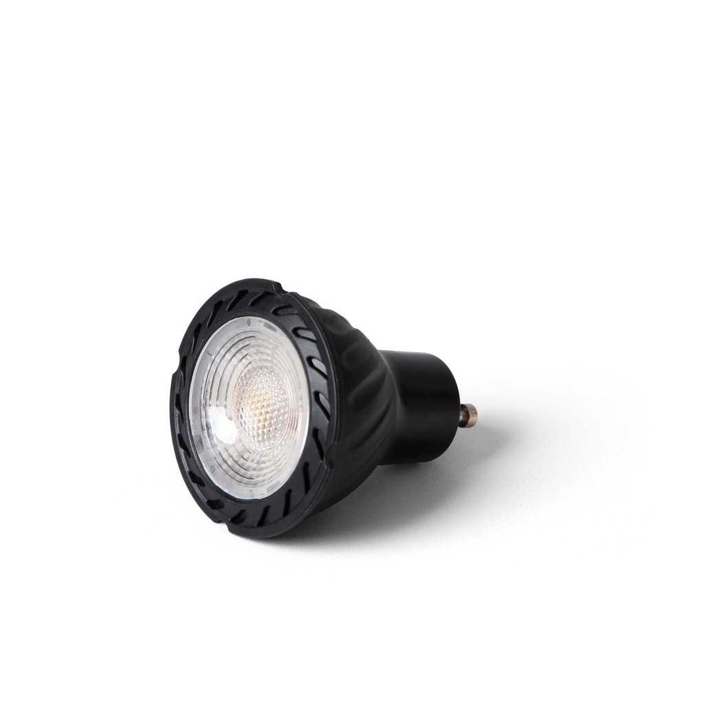 GU10 / MR16 LED bulb, Ø50 x 50 mm, 7.7W nominal / 8W, 629LM, 2700K, CRI ≥80. 220-240V, 50/60Hz, 60° beam angle, 0.5 power factor, Black + Black finish.