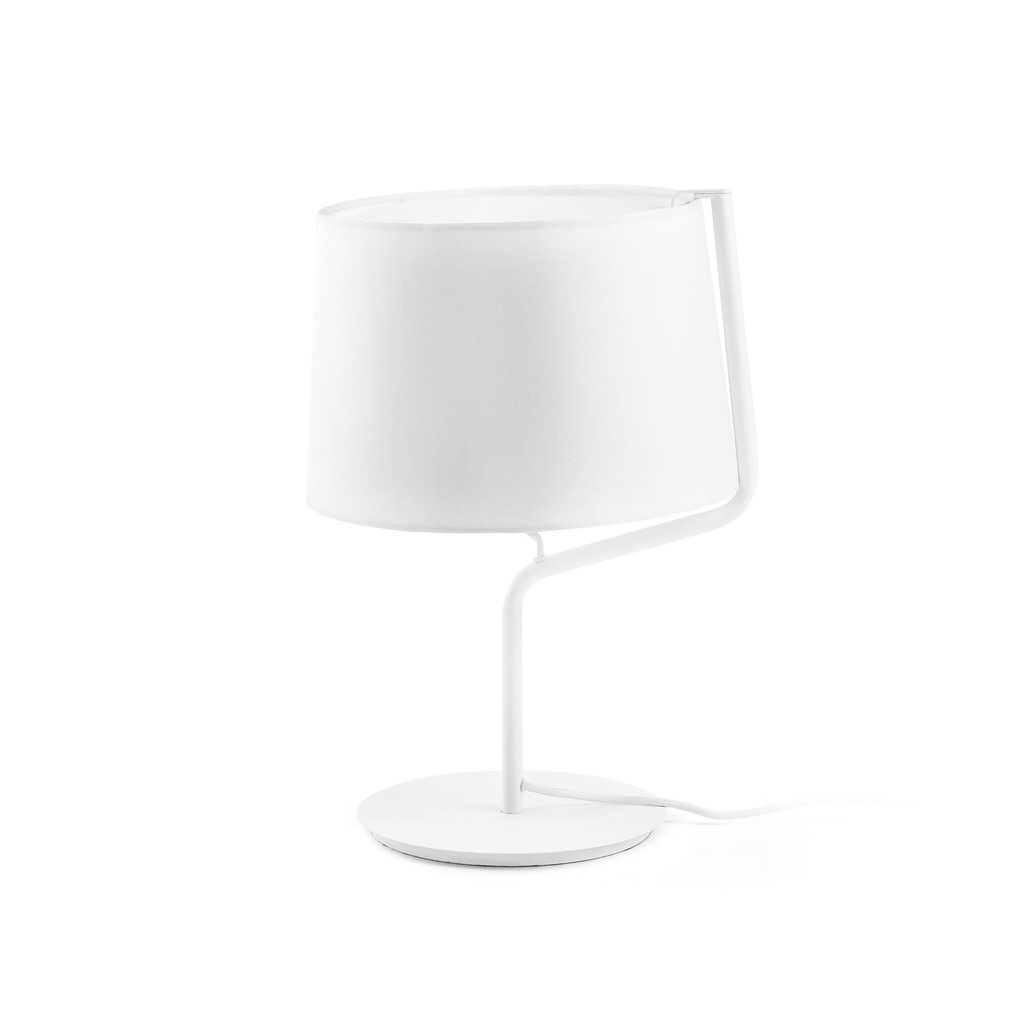 Decorative table luminaire, Ø31 x 45 cm, for 1 x E27 LED bulb up to 15W, 100-240V, 50/60Hz. Steel structure in Matt White finish, white textile shade, On/Off switch, and 1.5 m cord.