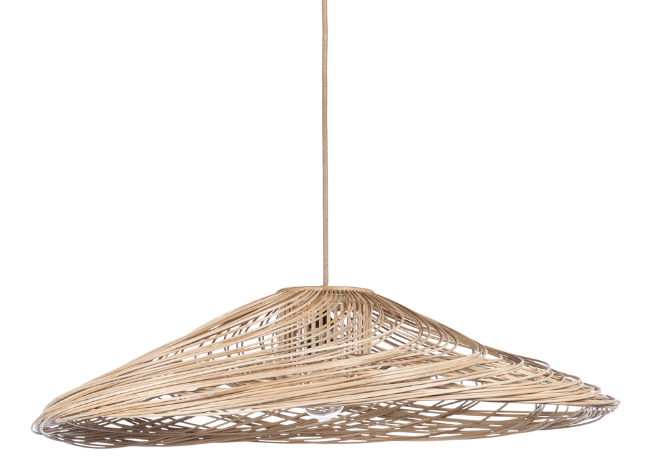 Luminaria tipo colgante decorativa, 30 cm alto x 65 cm ancho x 65 cm profundidad, 1 bombillo E27(no incluido), 60W máximo, acabado natural. IP20, Clase 2, suspensión redonda en ratán con cordón textil, uso interior.