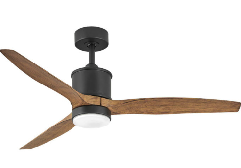 52" ceiling fan with an integrated 16W LED light, 1500 lumens, 120V, 3000K, matte black finish with light wood blades,