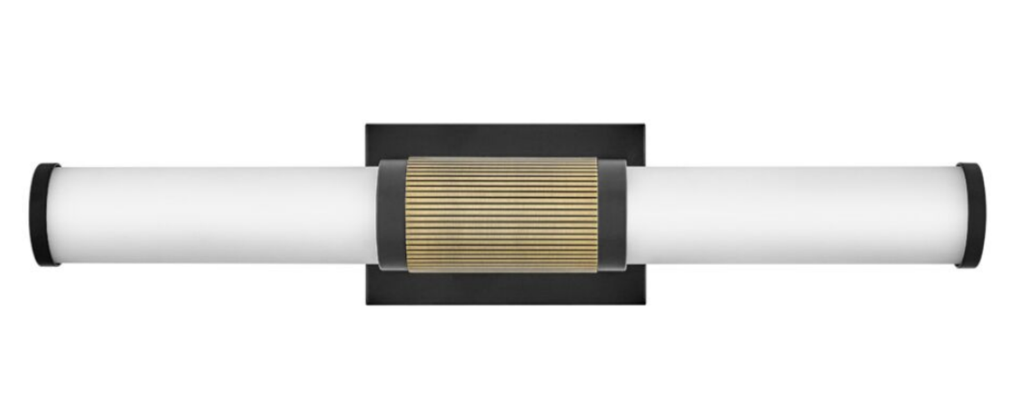 Wall sconce with an etched opal glass diffuser, integrated 33W LED, and a black finish with lacquered brass accents. Width: 22.8". Height: 4.5".