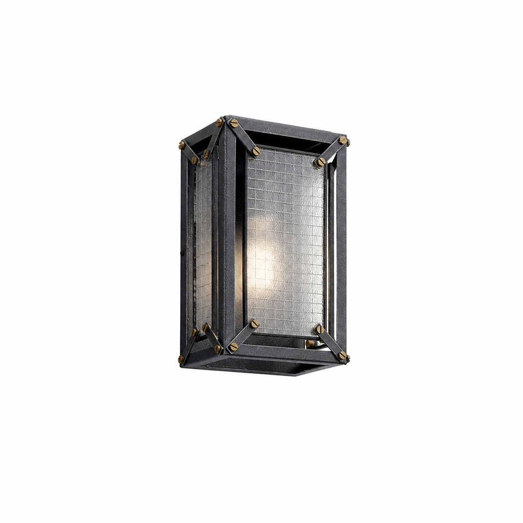 Steel wall sconce for 1 x E27 bulb, featuring a metal frame that holds a safety-glass panel and exposed screws that enhance its industrial style. Distressed Black finish.