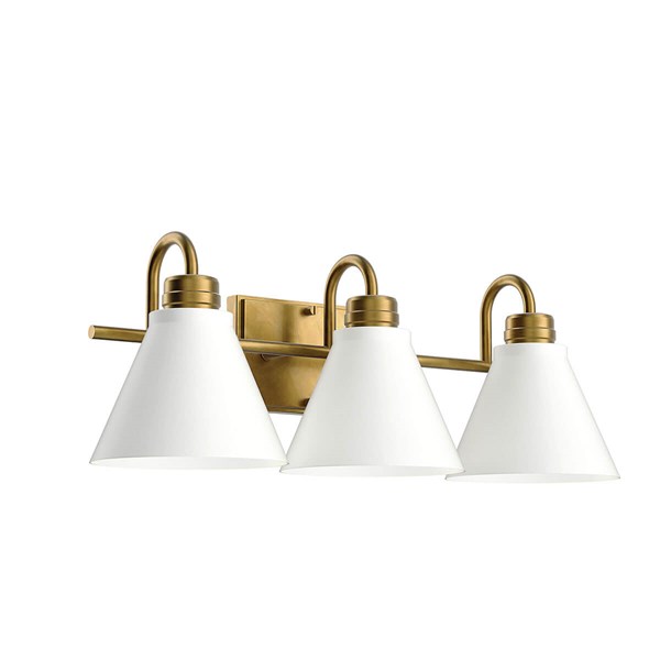 Rosburg vanity lamp - 23", 3 lights, white shade. Natural brass