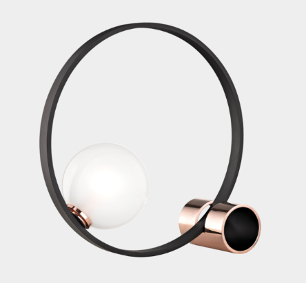 Decorative 1-light table lamp featuring a circular black structure accented with a Polished Copper finish.