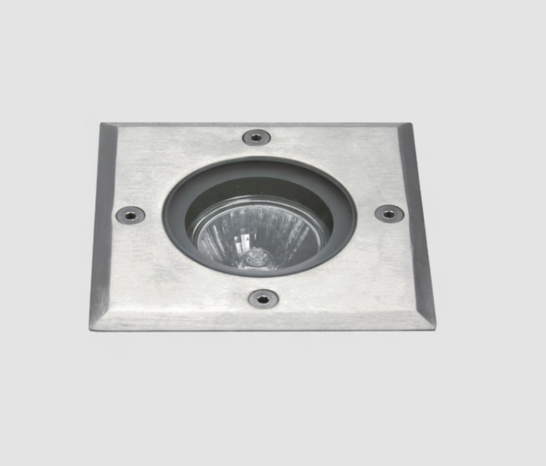 Outdoor in-ground recessed luminaire, 110 x 110 x 180 mm, for GU10 LED lamp, with symmetrical indirect light output, stainless steel finish.