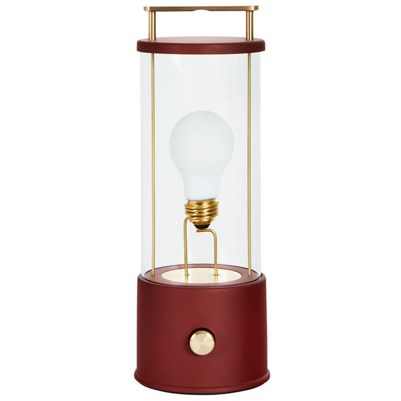 Portable decorative table lamp with integrated LED, Ø12.5 cm x 33.8 cm height, 6W, 360LM, 1800–2800K, CRI 97, 360°. Includes dimmer, E27 base, rechargeable battery, IP44, Pomona Red finish, aluminum, brass, and borosilicate glass construction.
