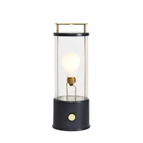 Portable table lamp with integrated LED, 5.375" width x 13.25" height x 4.875" depth, 10W, 400LM, CRI 97, Hackles finish with Brass accents. Includes dimmer, E26 base, Dim to Warm technology, long-life rechargeable battery, suitable for indoor and outdoor use with IP44 rating.